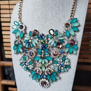 NATASHA Couture Dramatic Statement Necklace Gold Tone Teal Rivoli Mystic Topaz